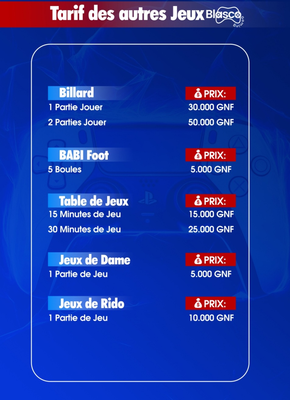 Tarifs des autres services de jeux